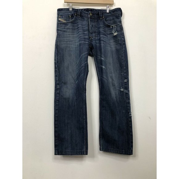 Diesel Industry Larkee Mens 34x29 Hemmed Blue Denim Jeans Straight Button Fly - Picture 1 of 10